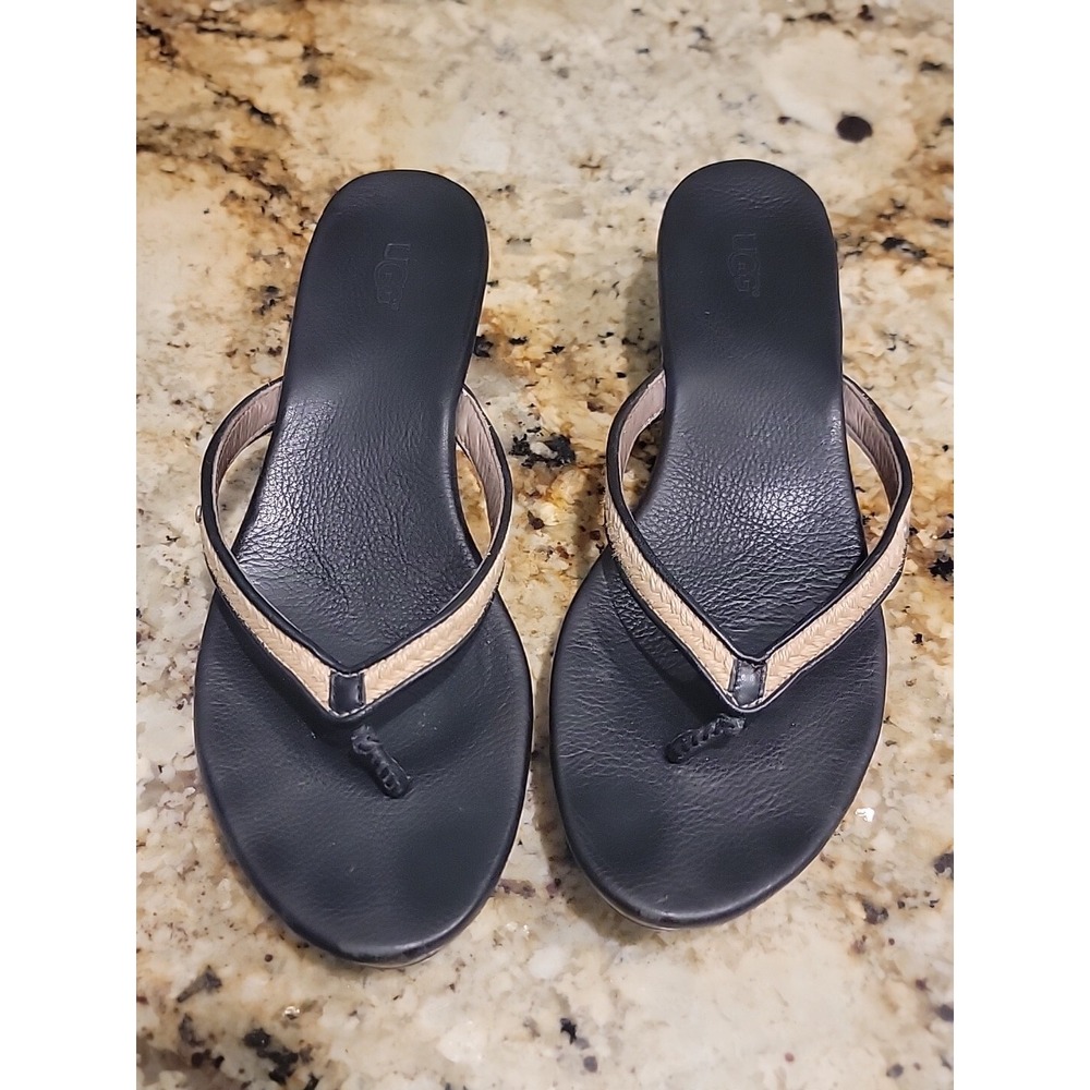 UGG Cork Wedge Jute Flip Flop Sandals Women's 9.5 Black.  Excellent Condition